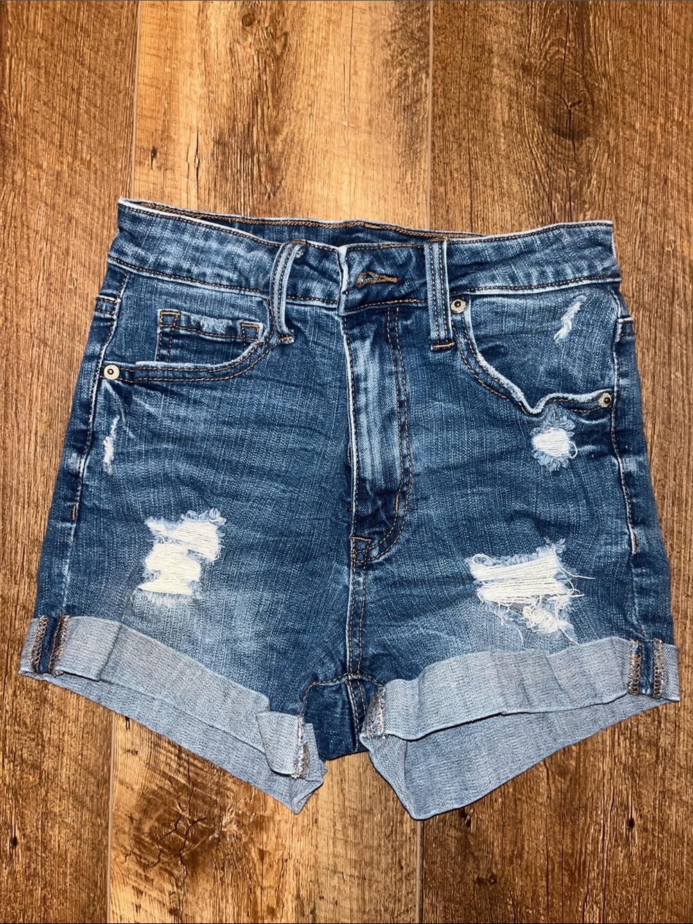 Aeropostale Distressed Rolled Cuff Denim Shorts - Dark Blue